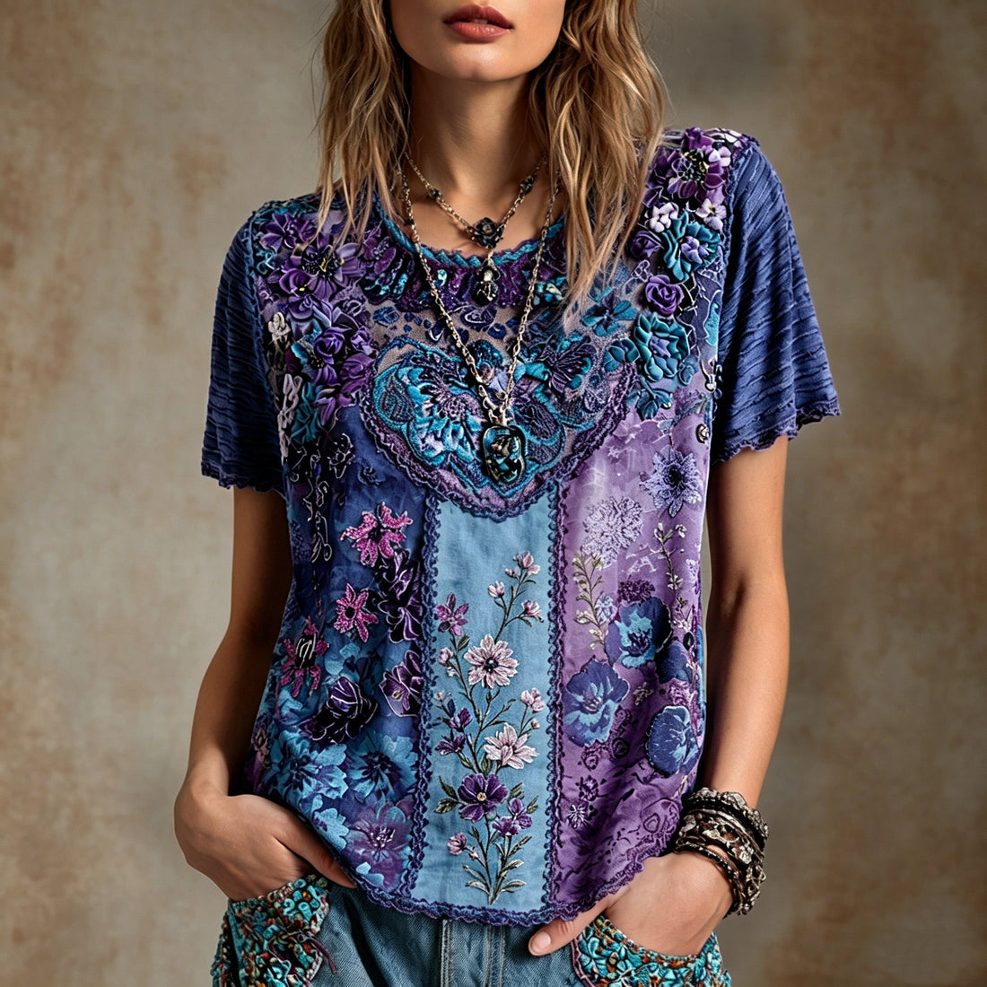 Women's Retro Bohemian Floral Print T-shirt