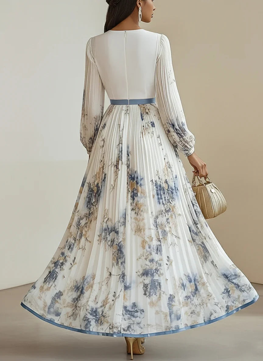 White Pleated Floral Chiffon V Neck Long Sleeve Balloon Sleeve A-Line Maxi Dress