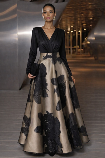 Black Champagne 3D Floral Print High Waist A-Line Maxi Dress