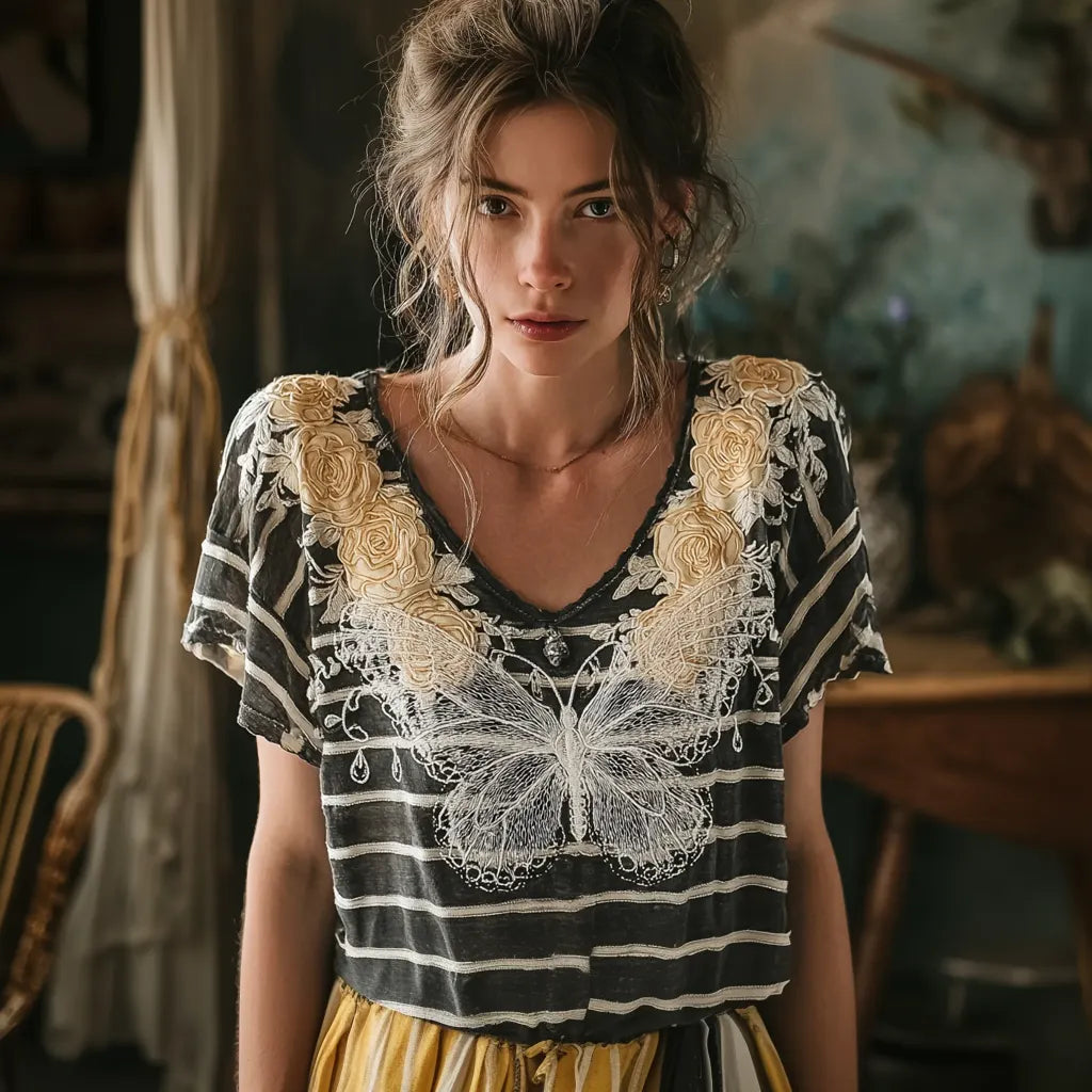 Butterfly Flower Embroidery Patchwork Striped Design Women's Summer Linen T-shirt