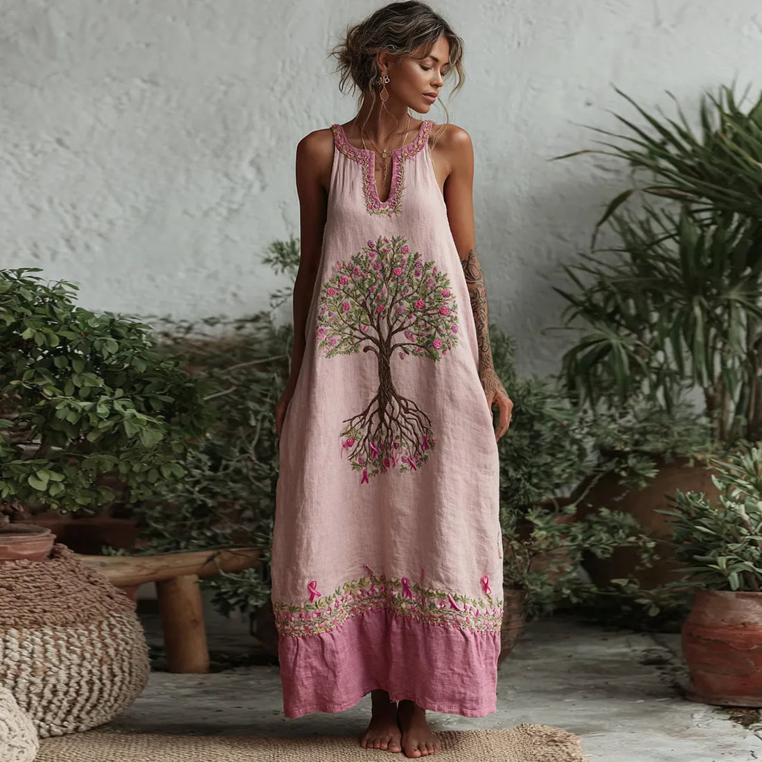 Women's Tree Of Life Pink Ribbon Embroidery Small V-neck  Tank Midi Dress