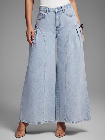 Women's High Waist Pocketed Pleated Wide Leg Loose Casual Denim Pants