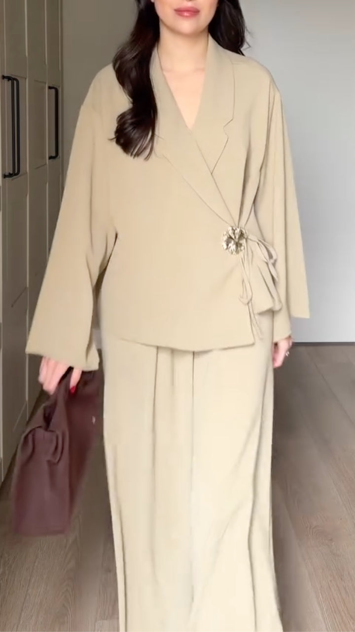 Wrap Blouse with Wide Leg Pants Set