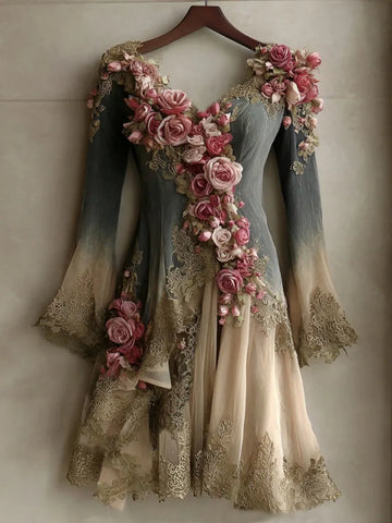 Women's Vintage Rose Gradient Art V-neck Long Sleeve Midi Dress