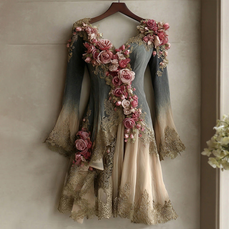 Women's Vintage Rose Gradient Art V-neck Long Sleeve Midi Dress