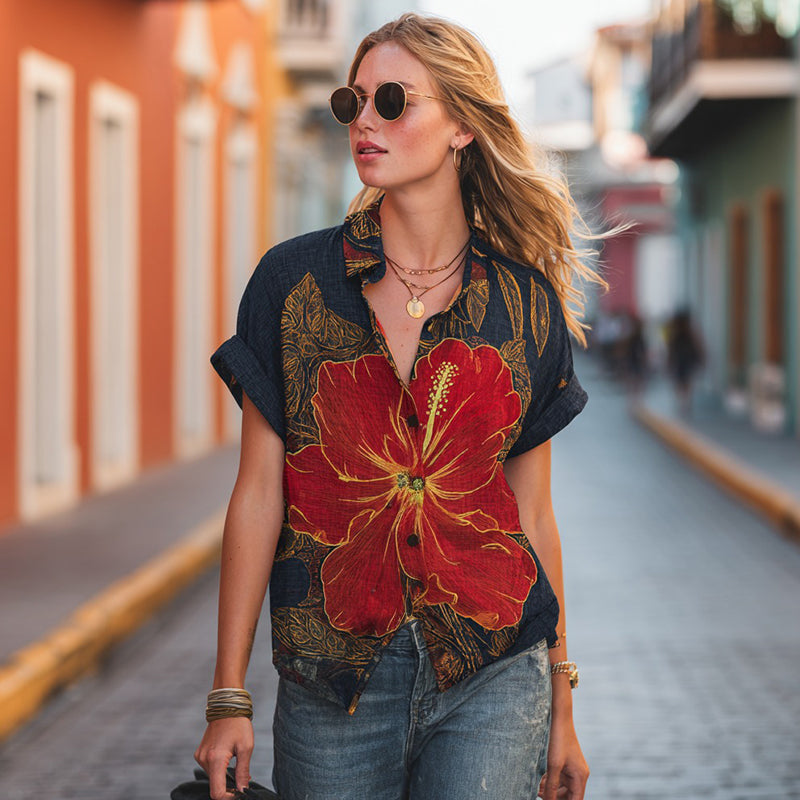 Women's Retro Hibiscus Casual Linen Blend Shirt