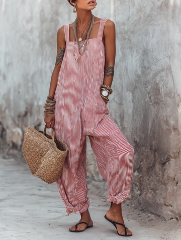 Women's Minimalist Striped Loose-Fit Square-Neck Sleeveless Jumpsuit MDZ1052D7Y