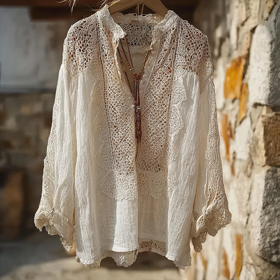 Bohemian Style Women's Vacation Casual Lace Cotton Linen V-neck Top