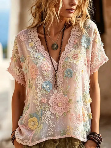 Women's Colorful Small Floral Lace Embroidery Art Comfortable Cotton Linen Casual V-neck Short Sleeve Top