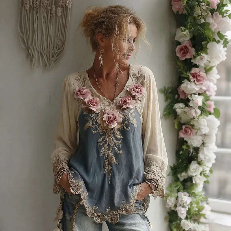 Women's Vintage Pink Rose Embroidery V Neck Long Sleeve T-shirt