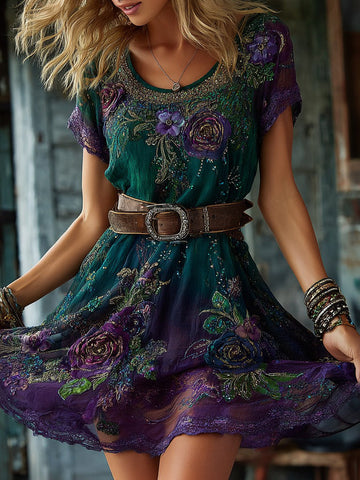 Women's Purple Floral Art Embroidered Linen Blend Round Neck Mini Dress