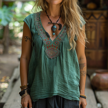 Retro Loose, Comfortable And Breathable Ethnic Style Linen V-neck Suspender Sleeveless Top
