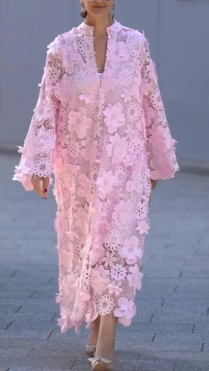 V Neck  3D Floral Lace Kaftan Maxi Dress