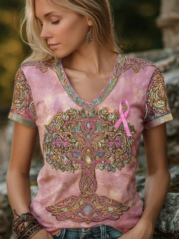 Celtic Tree Of Life & Pink Ribbon Embroidered Pink T Shirt