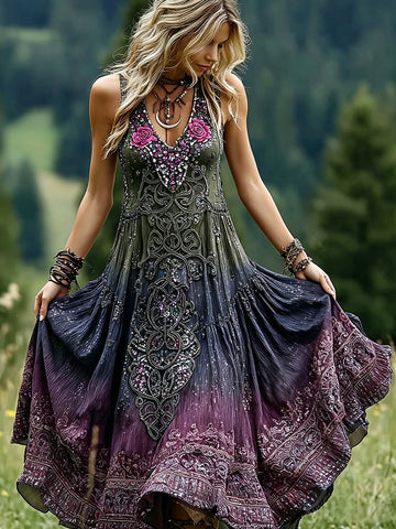 Women's Romantic Celtic Knot With Floral Art Linen Blend  V Neck Tank Dress