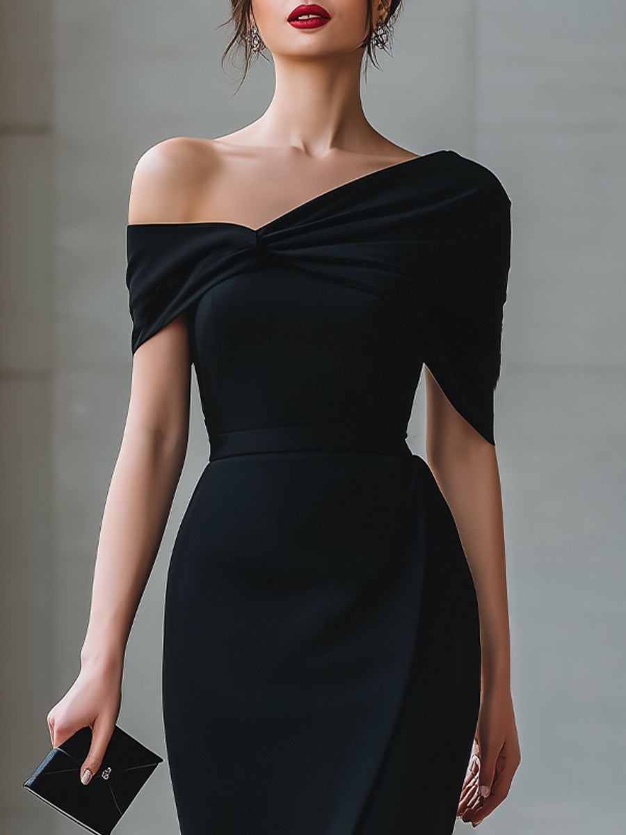 Black Asymmetric Off-Shoulder Midi Dress
