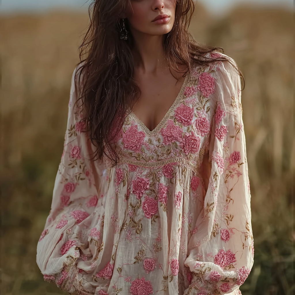 Bohemian Style Pink Floral Design V-neck Long-sleeve Top