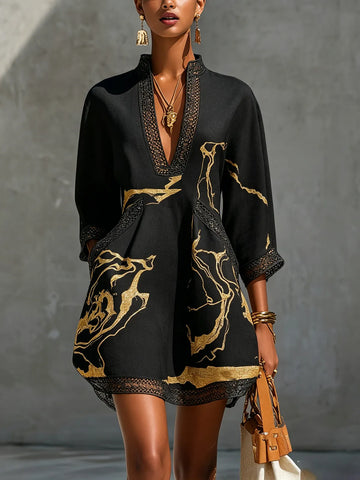 Black Gold Printed V-neck Crochet Lace Mini Dress