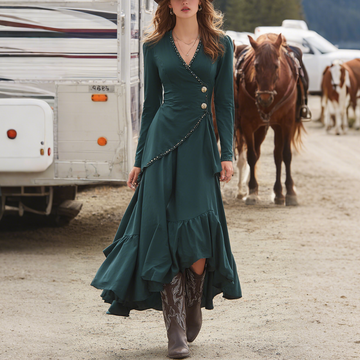 Women's Retro Western Suede Side Button Design Irregular Cut V-Neck Long Sleeve Dress
