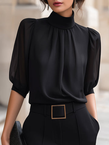 Mock Neck Chiffon Puff Sleeve Blouse