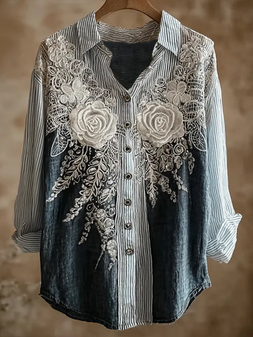 Butterfly Flower Embroidery Patchwork Striped Design Women's Summer Linen Shirt