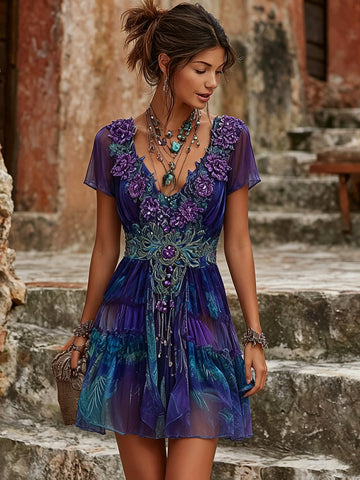 Women's Purple Floral Embroidery Gradient Casual V-neck Dress