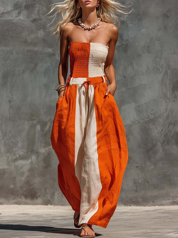 Casual Fashion Strapless Orange And Off-White Contrast Cotton-Linen Jumpsuit