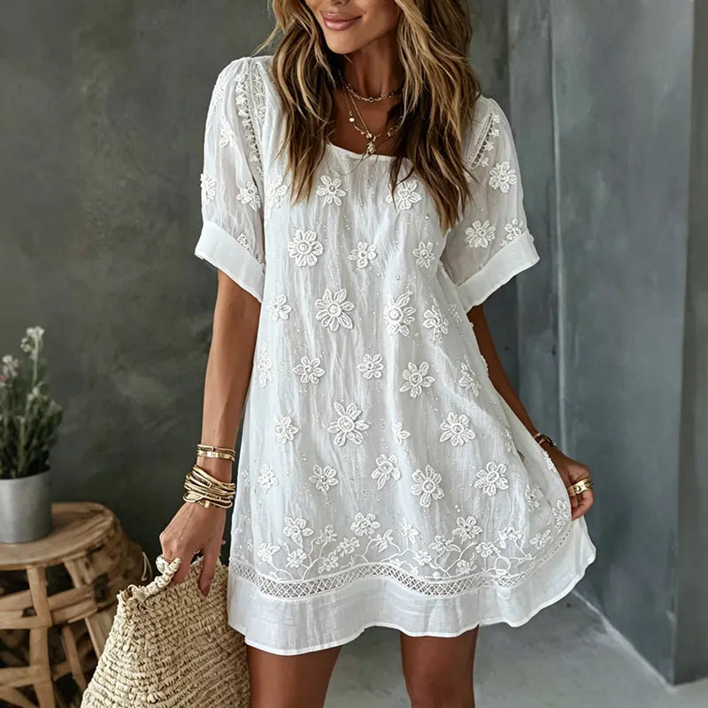 Women's White Rose Art Embroidered Linen Blend Round Neck Maxi Dress