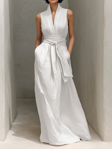 Women's Minimalist Cotton And Linen Blend V-neck Belted Sleeveless Maxi Dress b620