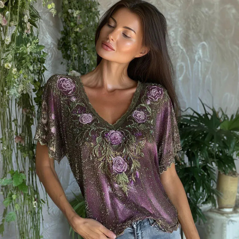 Women's Retro Exquisite Sparkling Floral Embroidery Cotton Linen V-neck Short-sleeve T-shirt