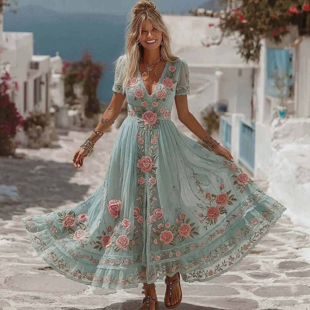 Women's Bohemian Rose Pattern Casual Resort Short-sleeve Dress