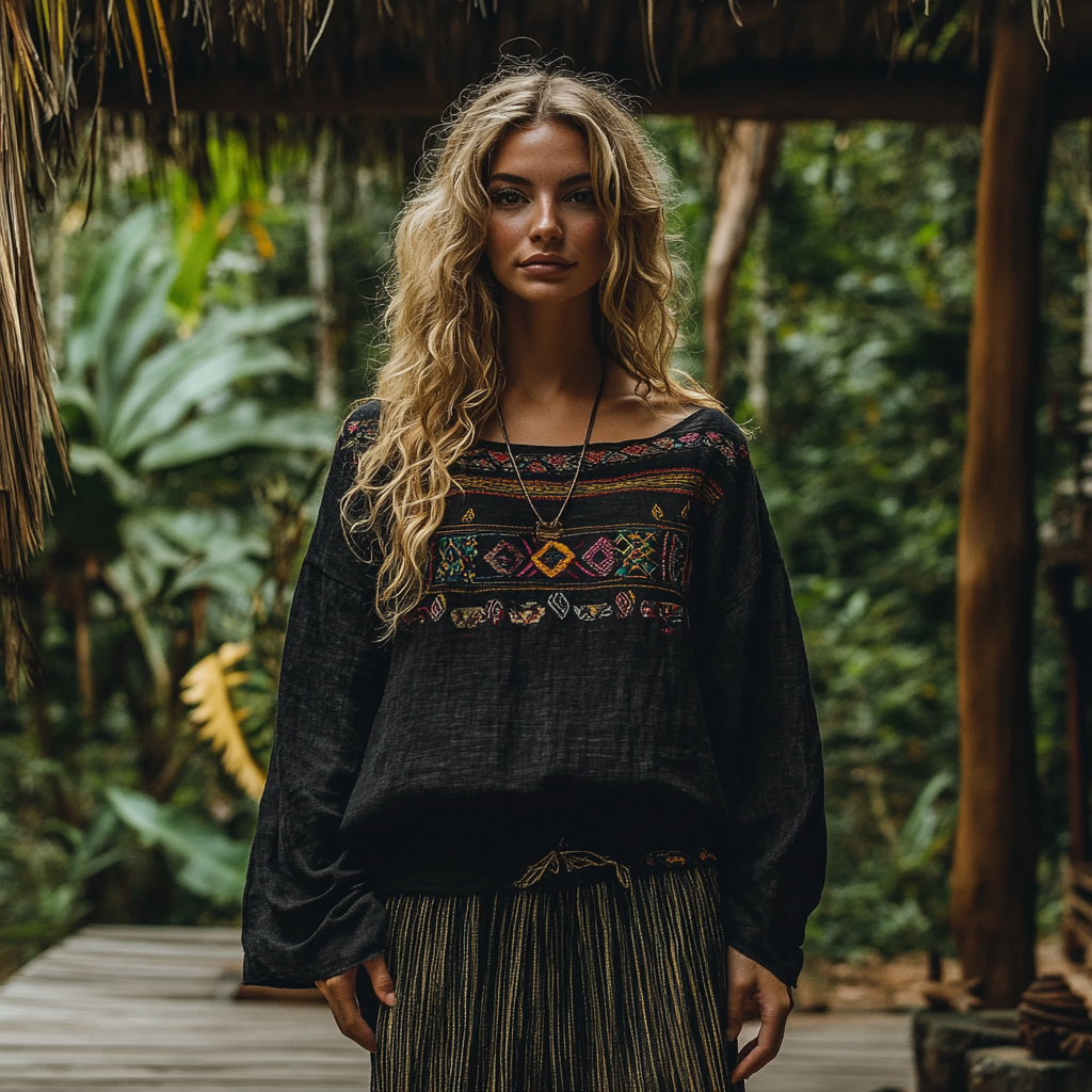 Bohemian Resort Vintage Linen Print Casual Long Sleeve Top