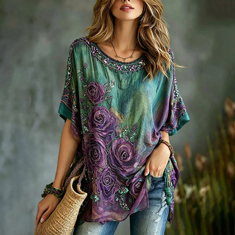 Women's Vintage Romantic Floral Art Linen Blend T-shirt