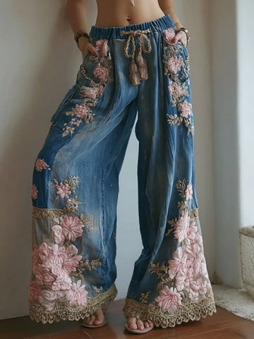 Women's Vintage Floral Embroidered Art Print Flowy Linen Blend Pants
