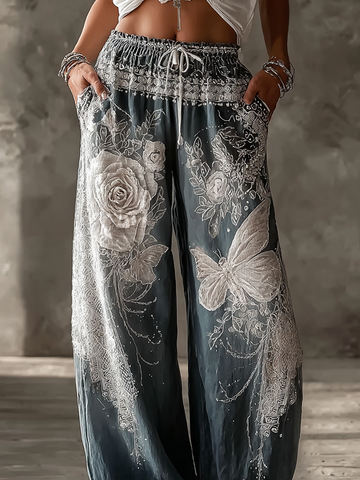 Butterfly Flower Lace Embroidery Design Women's Summer Linen Long Pants 2