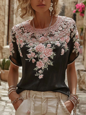 Women's Floral Art Lace Embroidery Cotton Linen Round Neck T-shirt