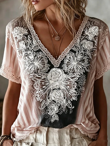 Butterfly Flower Embroidery Patchwork Striped Design Women's Summer Linen T-shirt