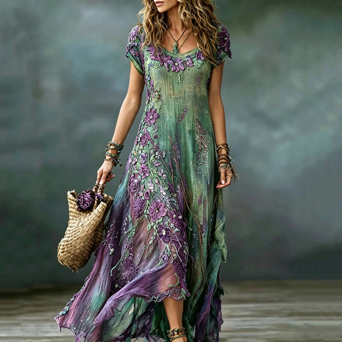 Women's Vintage Romantic Floral Art Linen Blend Round Neck Maxi Dress