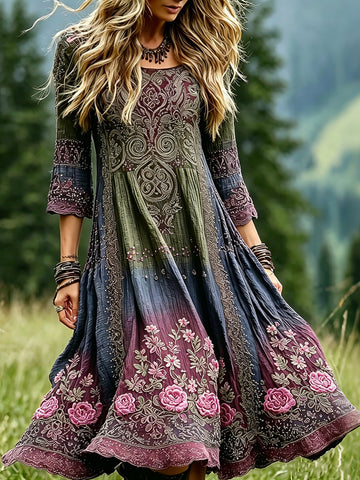 Women's Vintage Romantic Celtic Knot With Floral Art Linen Blend Three-quarter Sleeve Maxi Dress