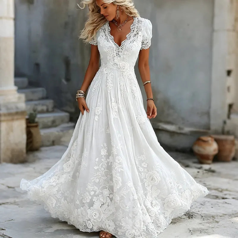 Women's Vintage White Rose Floral Art Linen Blend V Neck Maxi Dress