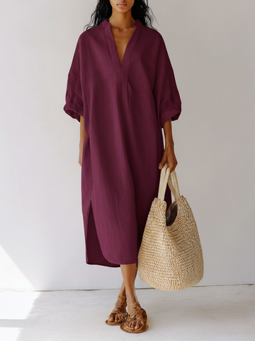 Women's Plum Linen-Blend Tunic Dress With Split Neck & Roll-Up Sleeves, Timeless Casual-Resort Style Dress MDZ1528D1LYL