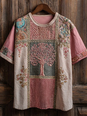 Pink Celtic Tree Of Life Embroidered Patchwork Linen Shirt