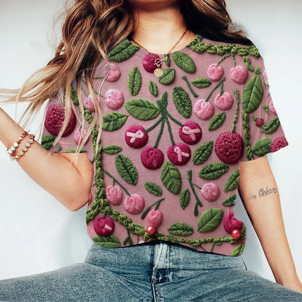 Women's Pink Awareness Cherry Embroidery Printed T-shirt