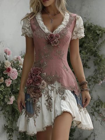 Women's Vintage Pink Rose Patchwork V-neck Short Sleeve Midi Dress