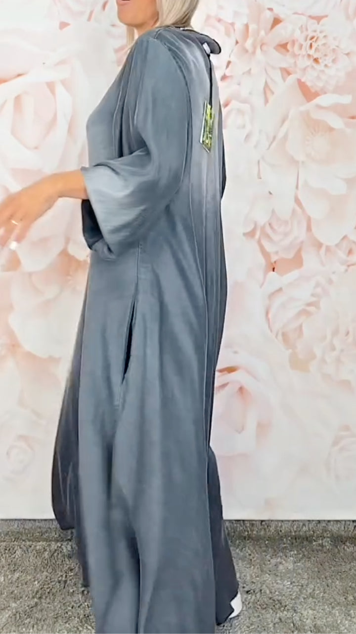 V-Neck, Batwing-Sleeve, Loose-Fit Denim Dress with Flared Hem