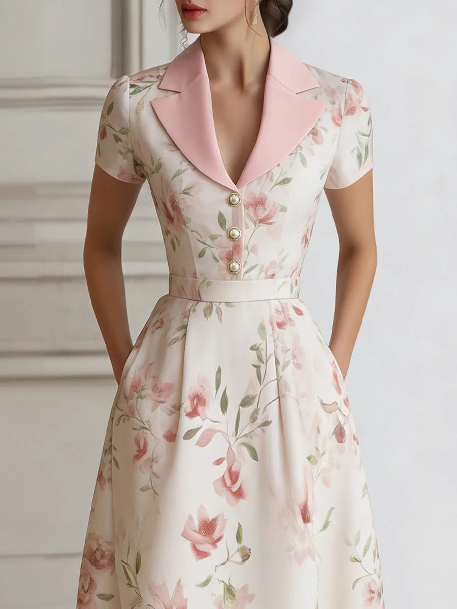 Floral Lapel Short Sleeve Midi Dress With Tailored Waist