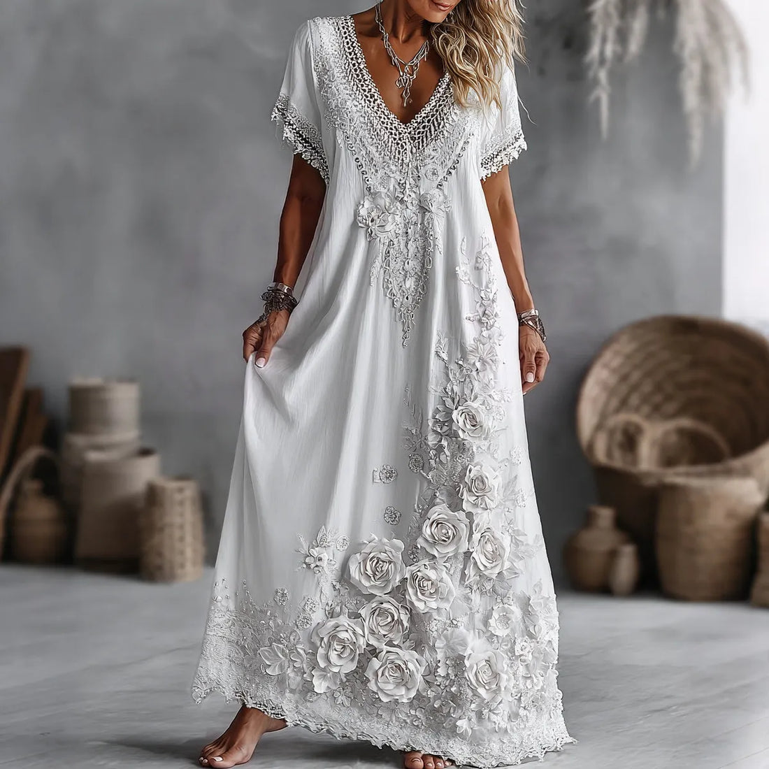 Women's Vintage White Rose Floral Art Linen Blend V Neck Maxi Dress