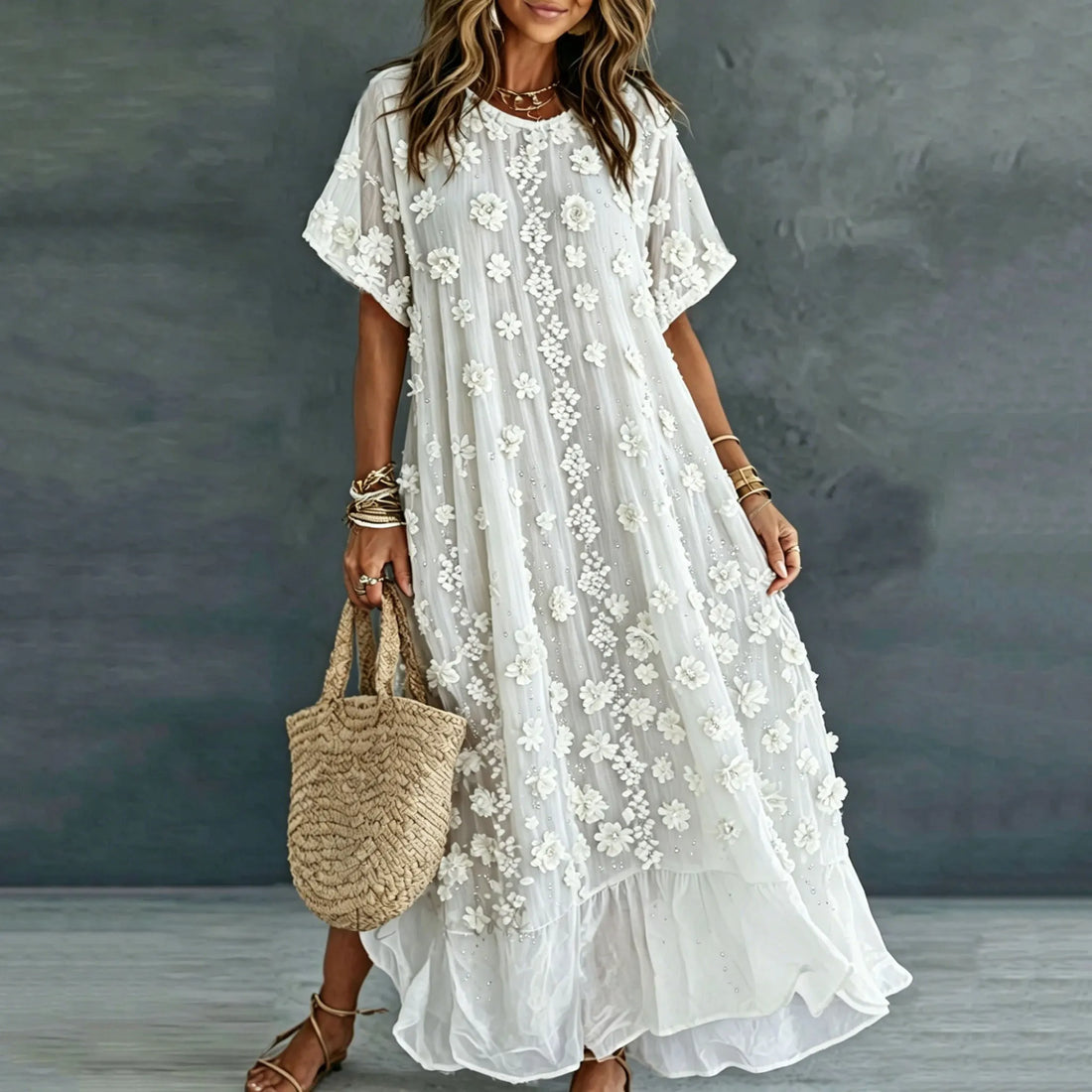 Women's Vintage Romantic White Floral Art Linen Blend Round Neck Maxi Dress