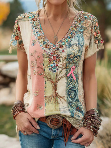 Women's Floral Patchwork Breast Cancer Ribbon T-shirt