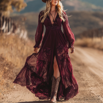 Women's Vintage Bohemian Elegance In A Wine Red Lace Maxi Dress